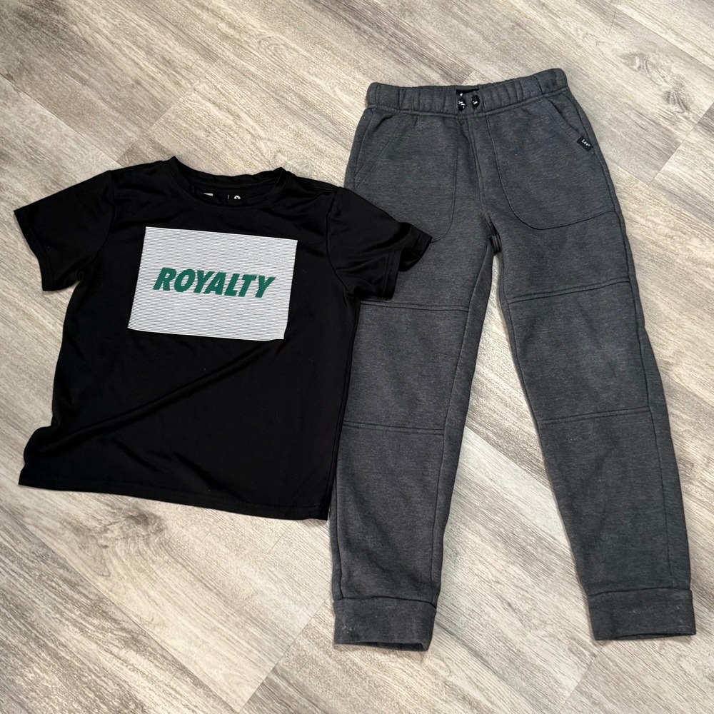 Xersion Black Royalty Graphic T Shirt & Lee Charcoal Gray Jogger Set Kids Size 8
